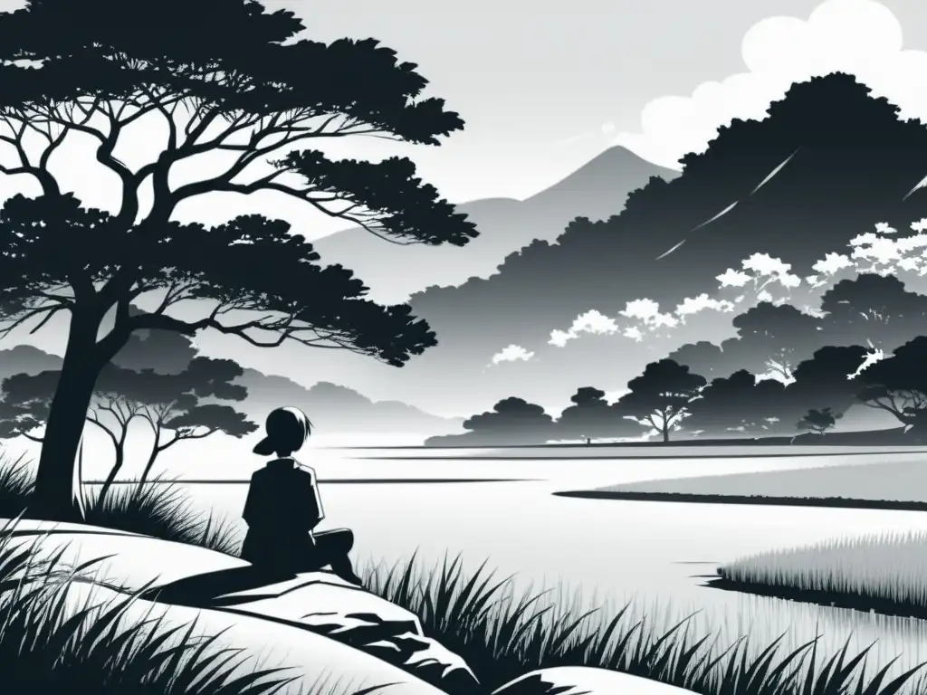 Ilustración en manga en blanco y negro con una escena serena de campo