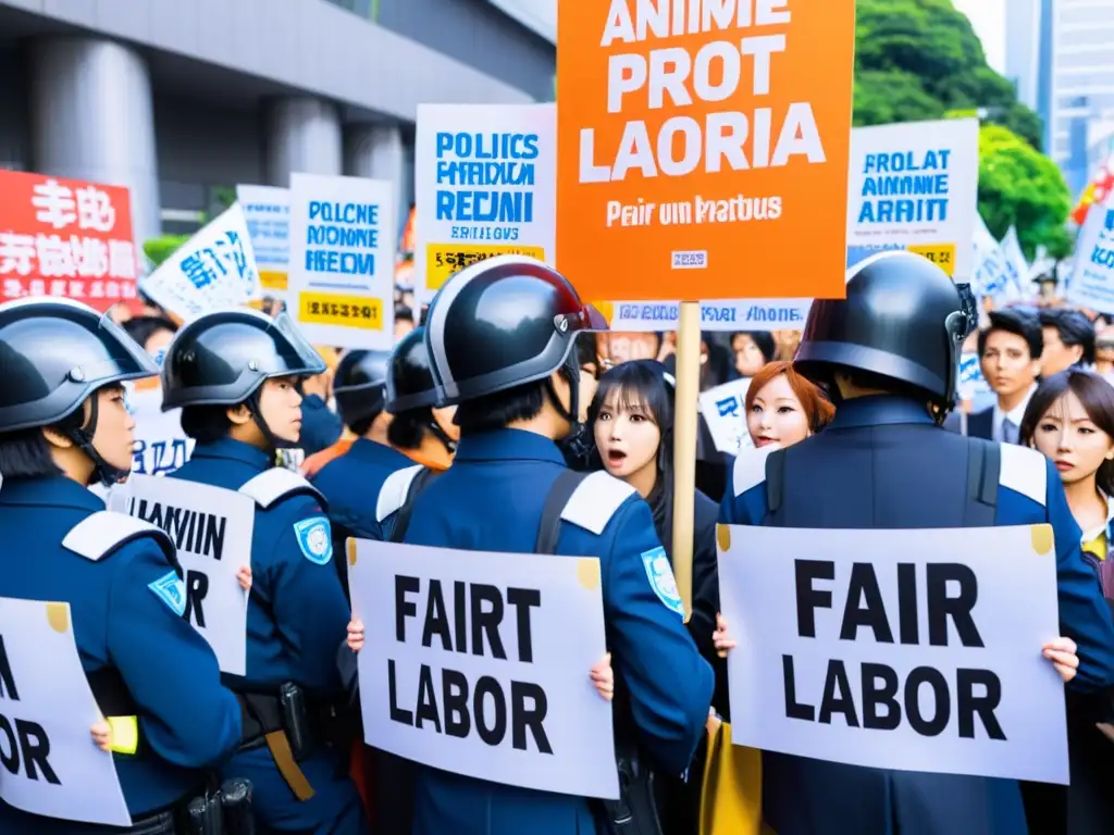 Una manifestación callejera en Tokio con fans de anime y activistas, algunos vestidos de cosplay, abogando por justicia en la industria del anime