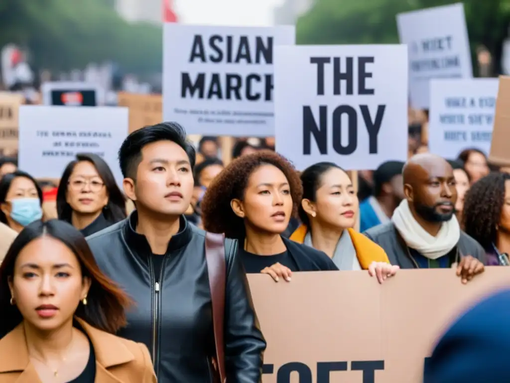 Una manifestación con una multitud diversa sosteniendo pancartas, demostrando el impacto internacional de las series asiáticas en movimientos sociales