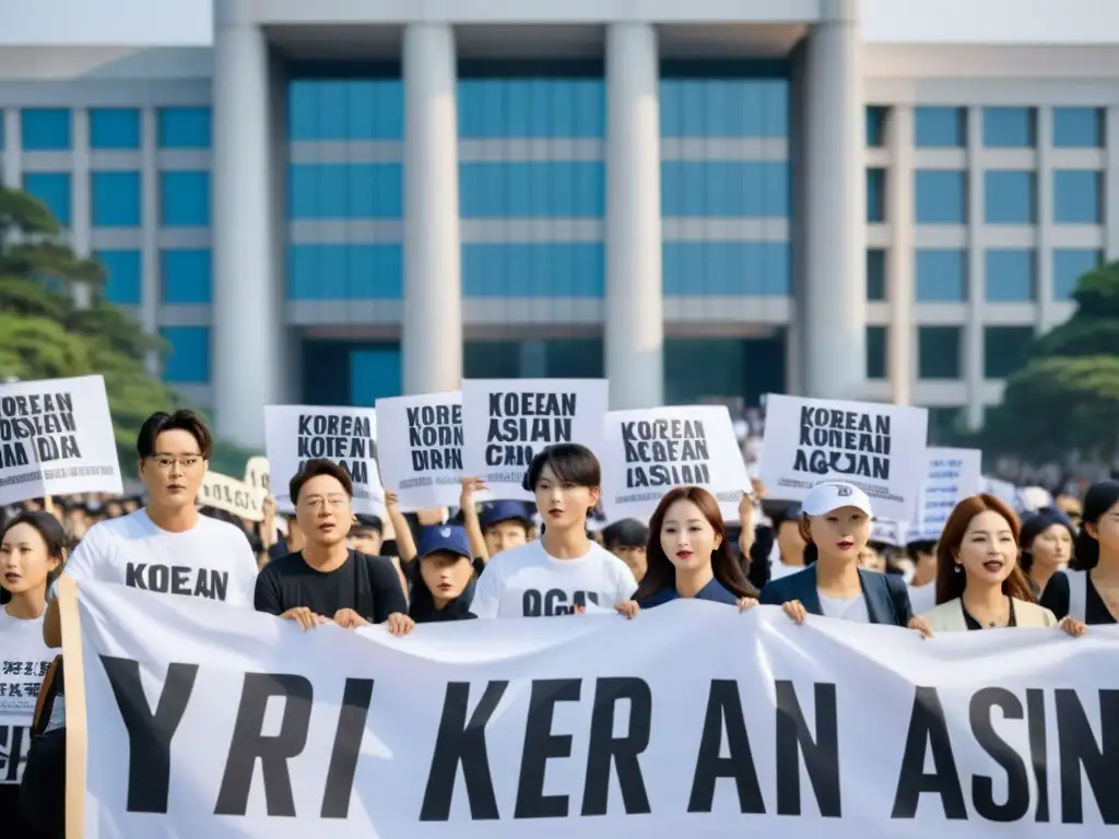 Manifestantes con pancartas en coreano y camisetas de series asiáticas, frente a un edificio gubernamental