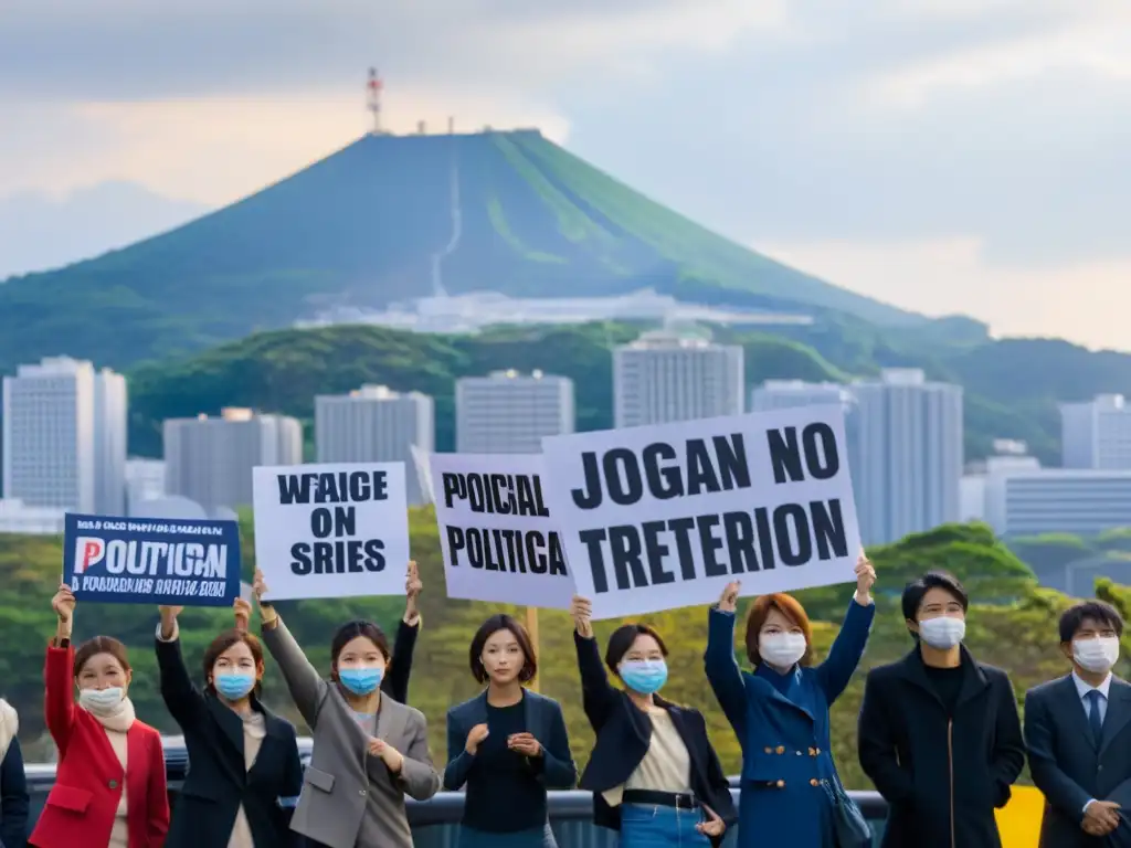 Manifestantes con pancartas frente a estudio de TV japonés, con skyline de la ciudad