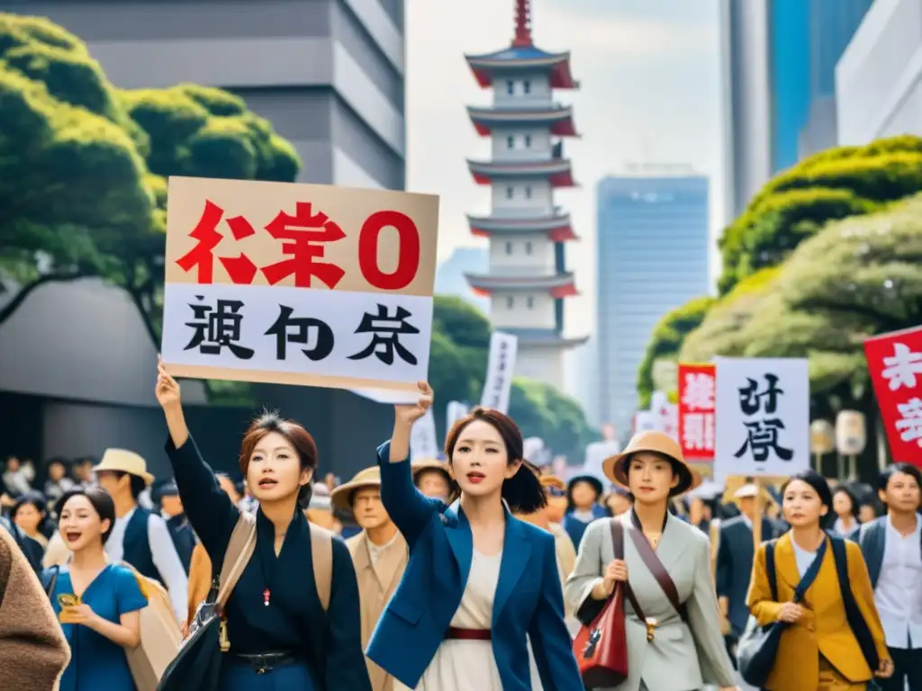 Manifestantes marchan con pancartas de personajes de series asiáticas, fusionando herencia cultural y movimientos sociales en las calles de Tokyo