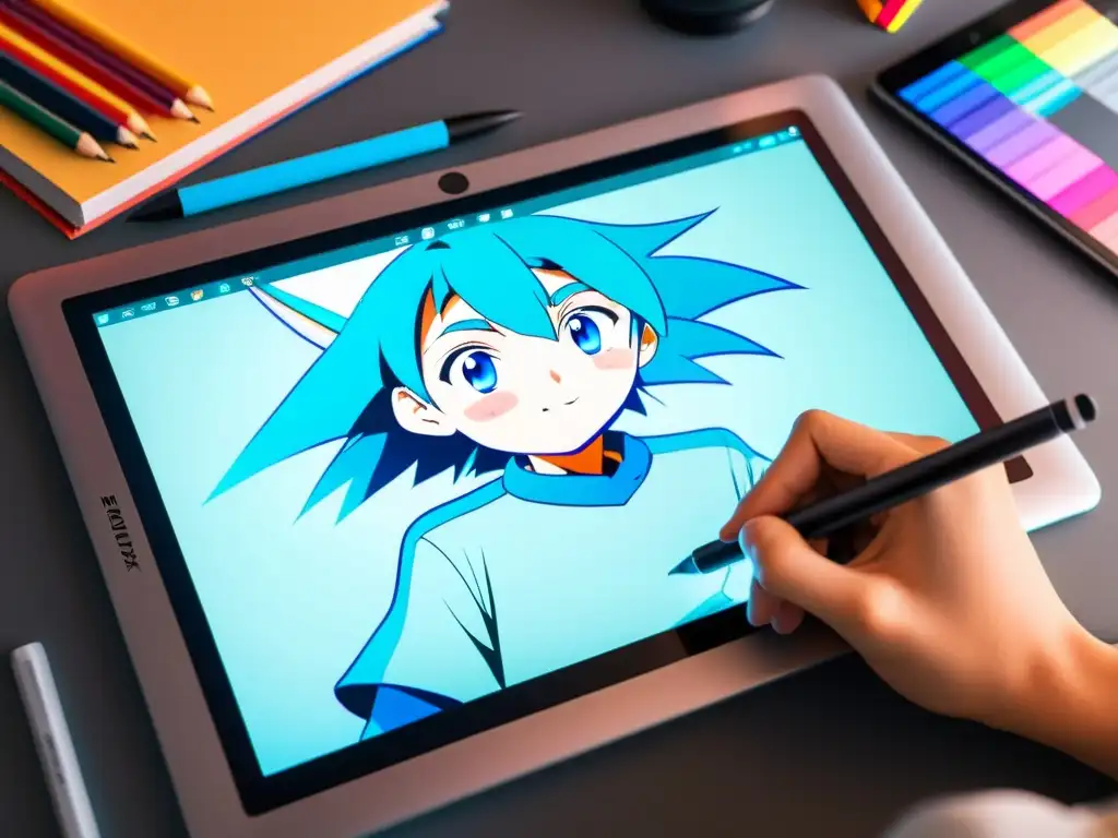 Mano de artista usando una tableta gráfica para dibujar un personaje de anime