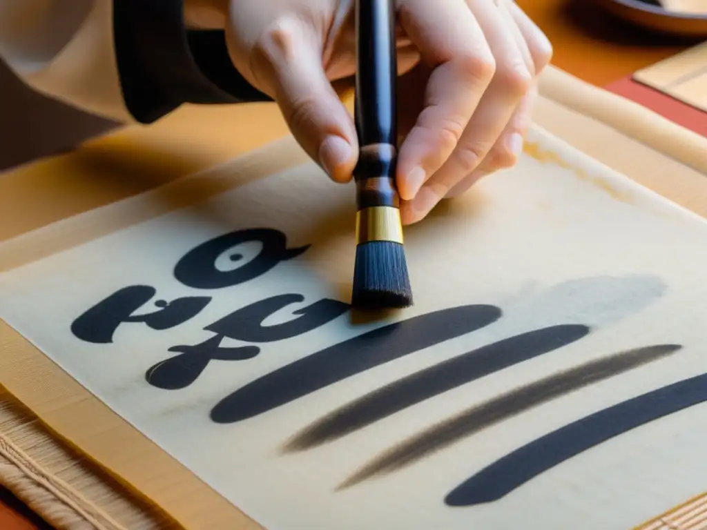 Mano de calígrafo asiático experto, trazando con precisión en papel de arroz, mostrando el arte marcial de la caligrafía asiática