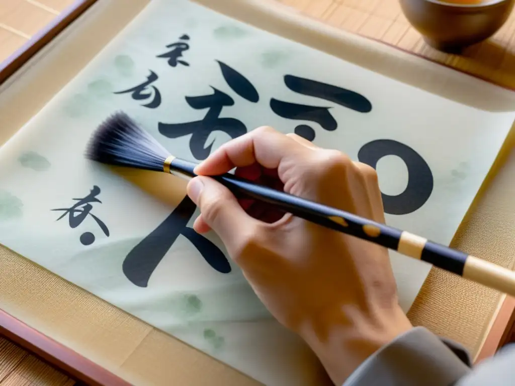 Mano de calígrafo pintando caracteres japoneses en papel de arroz, en práctica de mindfulness a través de la caligrafía zen