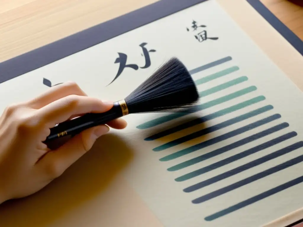 Mano de calígrafo japonés escribiendo kanji con pincel sobre papel washi, capturando la armonía y precisión del arte de la caligrafía japonesa