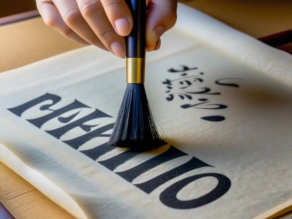 Mano de calígrafo japonés lista para escribir con pincel y tinta sobre papel de arroz, en comparativa entre Shodo y caligrafía occidental