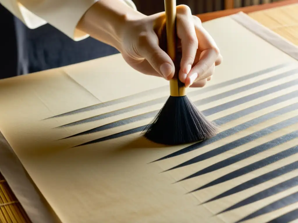 Mano de calígrafo japonés en movimiento sobre papel washi, capturando la esencia del arte y la filosofía del flujo en la caligrafía japonesa