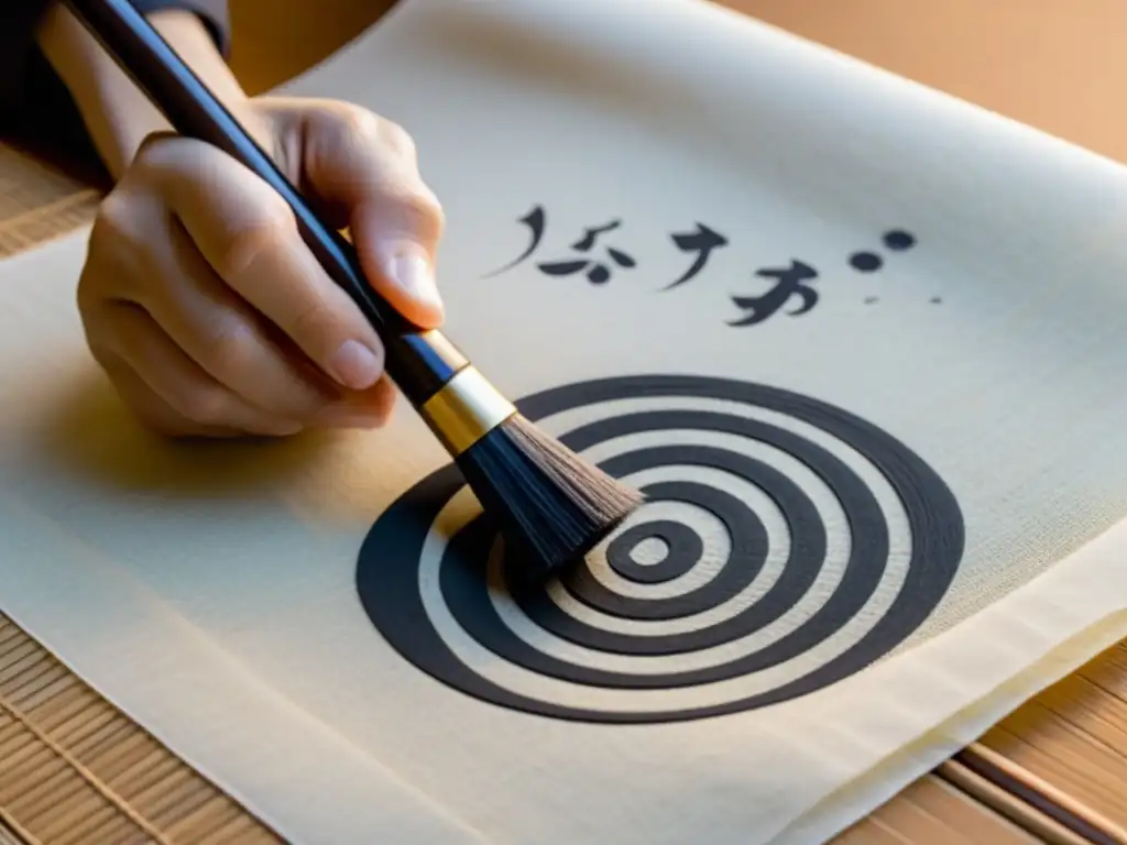 Mano de calígrafo japonés sosteniendo pincel sobre papel de arroz, capturando la esencia de la caligrafía minimalista japonesa