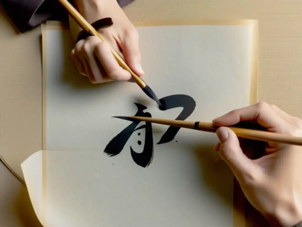 Una mano de calígrafo japonesa sostiene con gracia un pincel sobre papel washi, listo para plasmar el significado y la identidad en una obra de arte