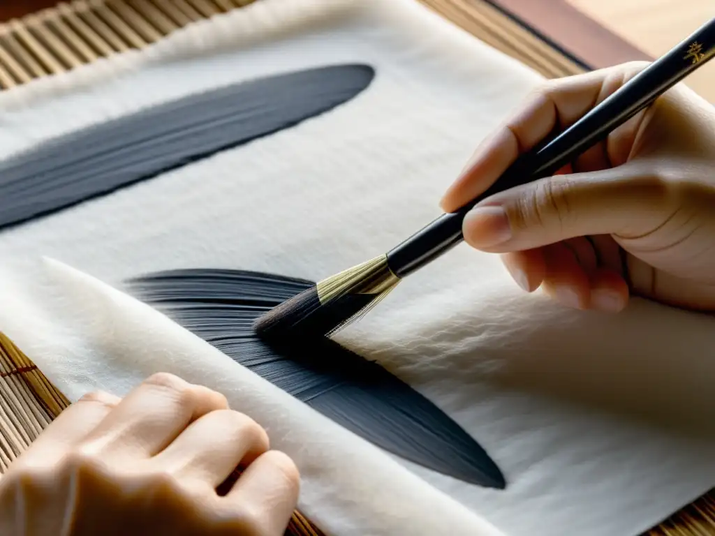 La mano de un calígrafo sostiene un pincel cargado con tinta sumi sobre papel de arroz, listo para crear