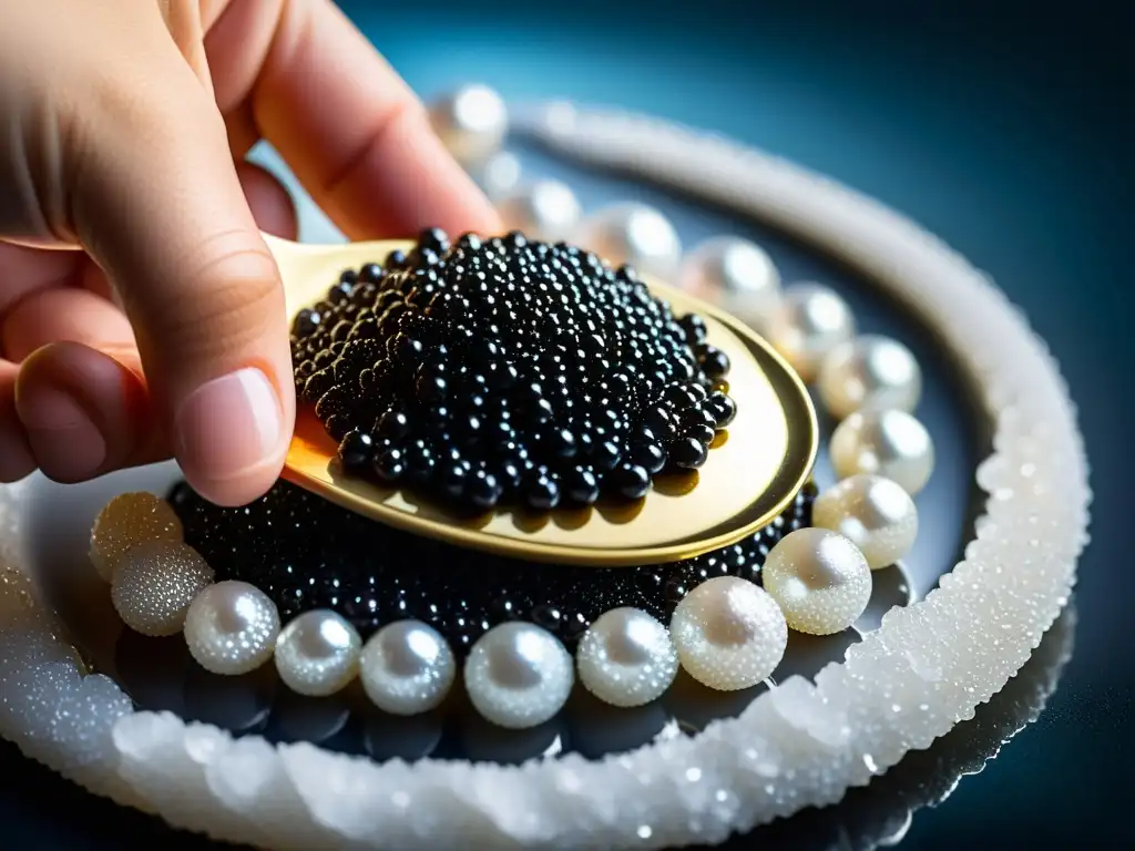 Mano colocando delicadamente caviar negro sobre hielo