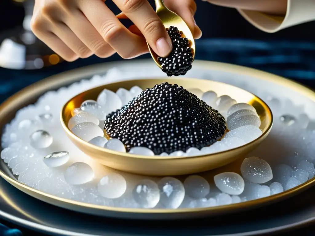 Mano colocando cucharada de caviar negro sobre hielo