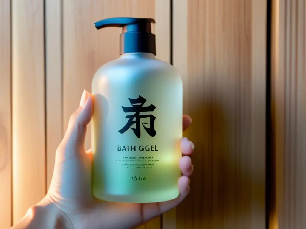 Mano sosteniendo elegante botella de gel de baño japonés, con diseño kanji y textura lujosa, en un baño japonés sereno y moderno