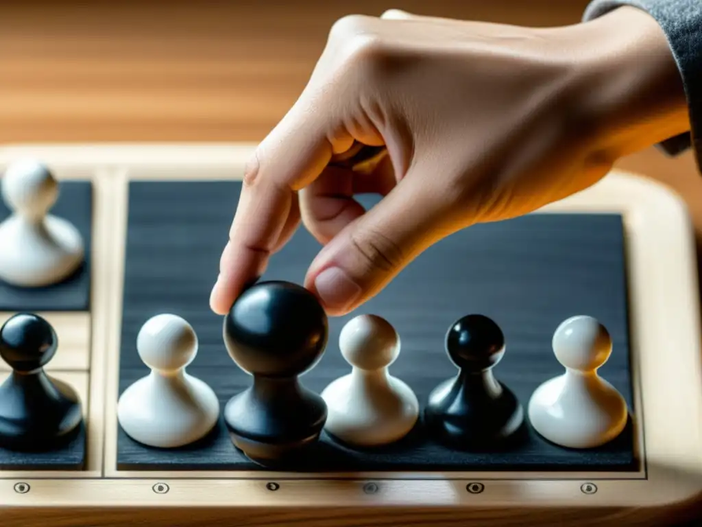 Mano estratégica sosteniendo una piedra de Go en tablero de madera, reflejando técnicas de inversión en cripto con enfoque y contemplación