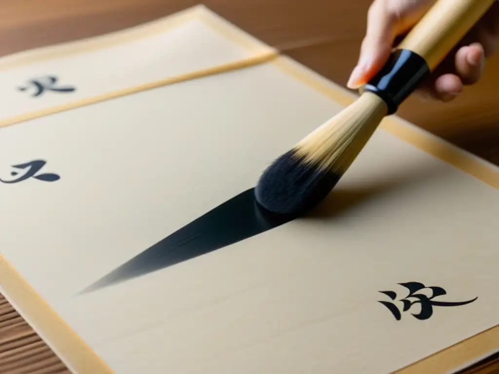 Una mano experta realiza Shodo en washi con un pincel tradicional japonés, comparativa entre Shodo y caligrafía occidental