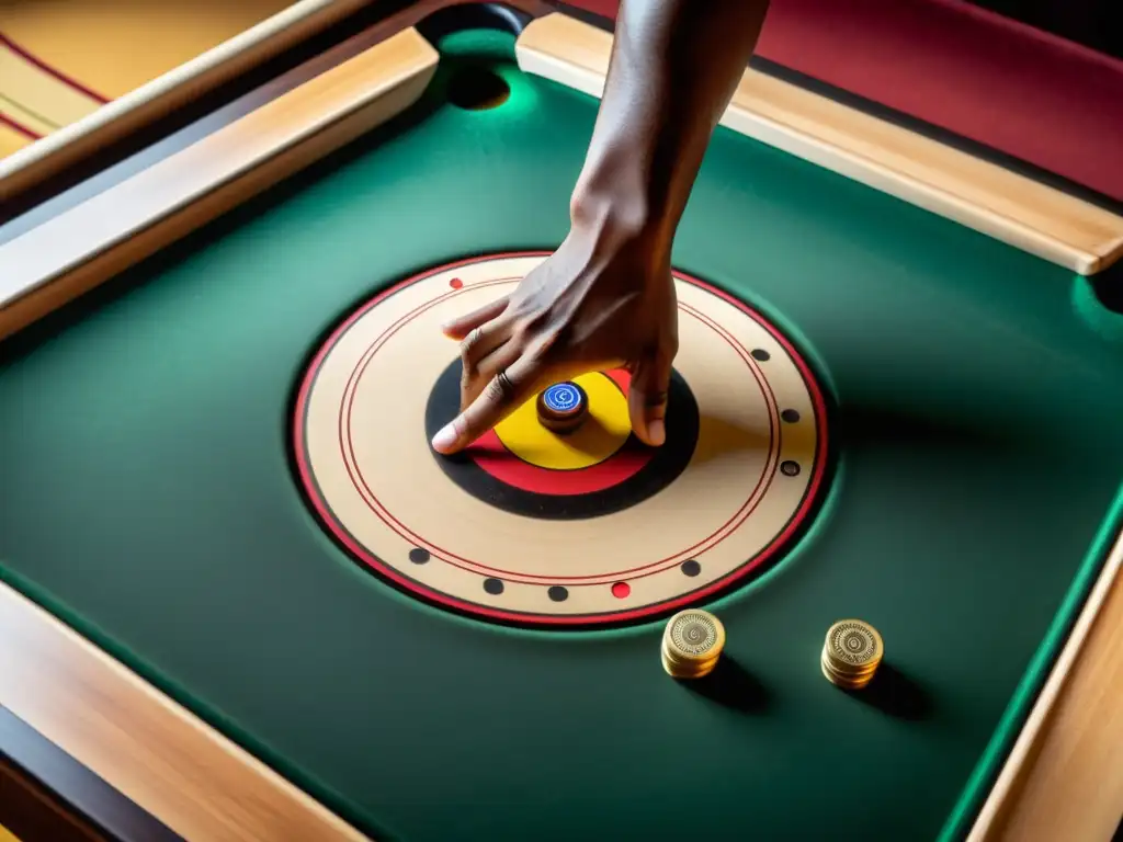 Mano habilidosa ejecutando el carrom, reflejando destrezas y estrategias del carrom en un ambiente competitivo y dramático