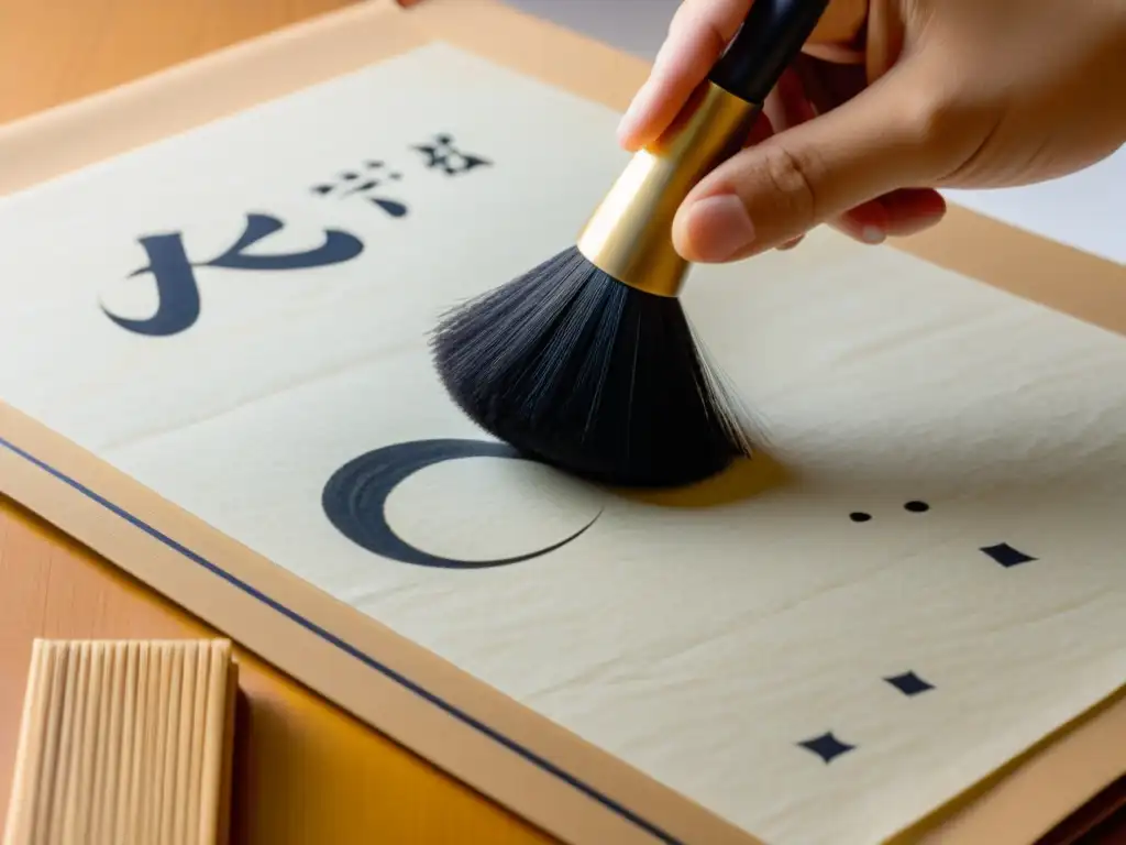 Una mano japonesa carga un pincel de caligrafía sobre papel washi, listo para la revolución arte caligrafía Japón Meiji