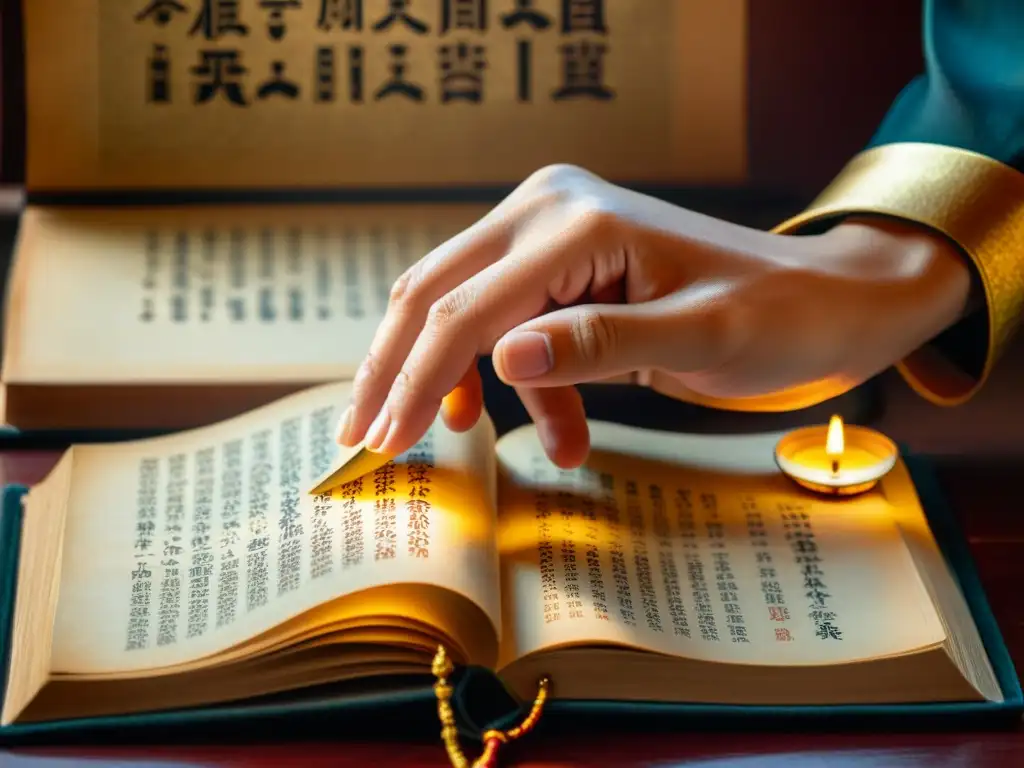 Mano examina libro de I Ching antiguo, con símbolos chinos