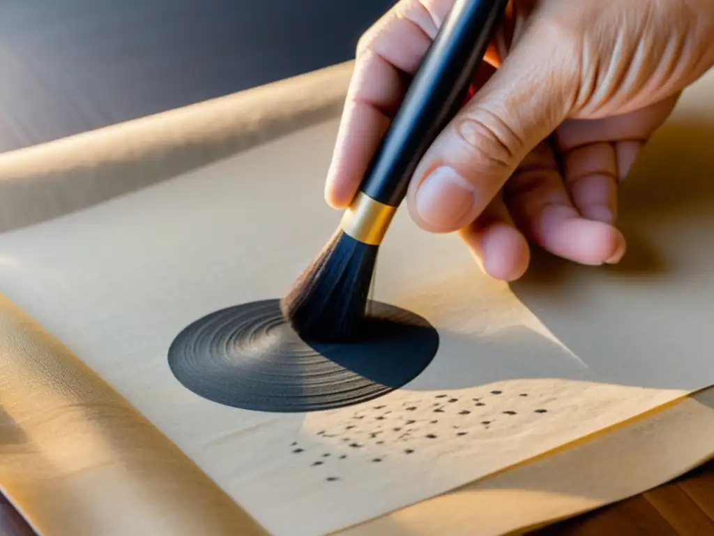 La mano de un maestro de caligrafía japonesa sostiene un pincel sobre papel washi, listo para crear elegantes caracteres