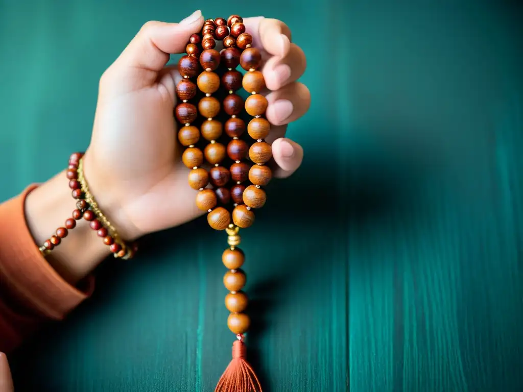 Mano sosteniendo mala con cuentas de madera, textura detallada y diseño de henna, evocando poder espiritual y meditación