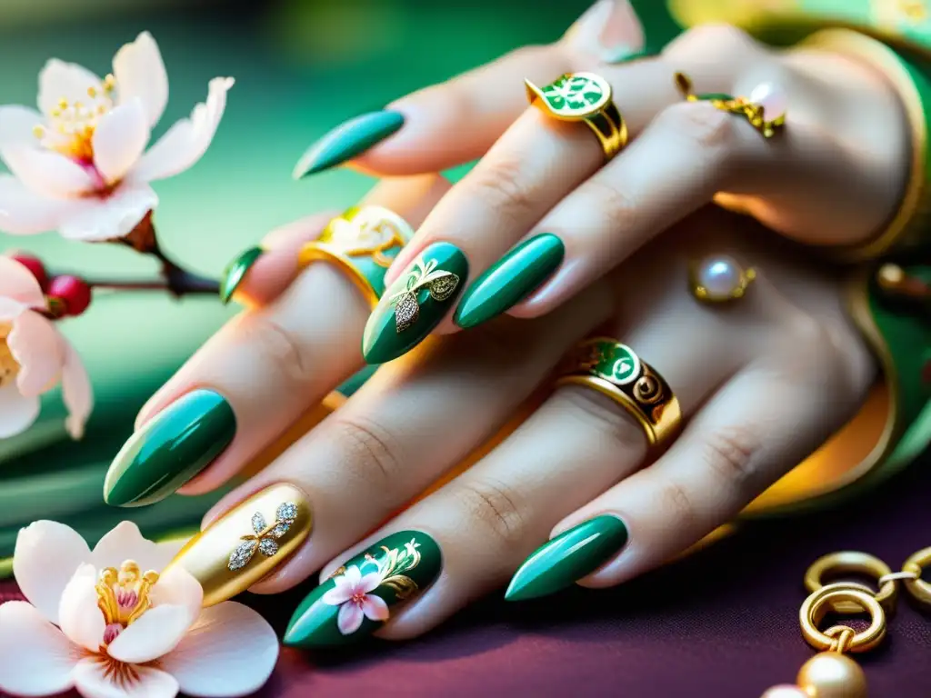 Mano con manicura asiática detallada y elegante, influencias asiáticas en la manicura presentes en la decoración de uñas y accesorios de oro y jade