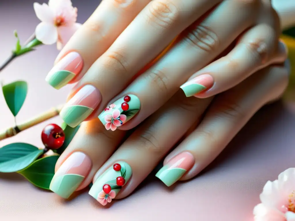 Mano con manicura asiática detallada y elegante, inspirada en la cultura oriental