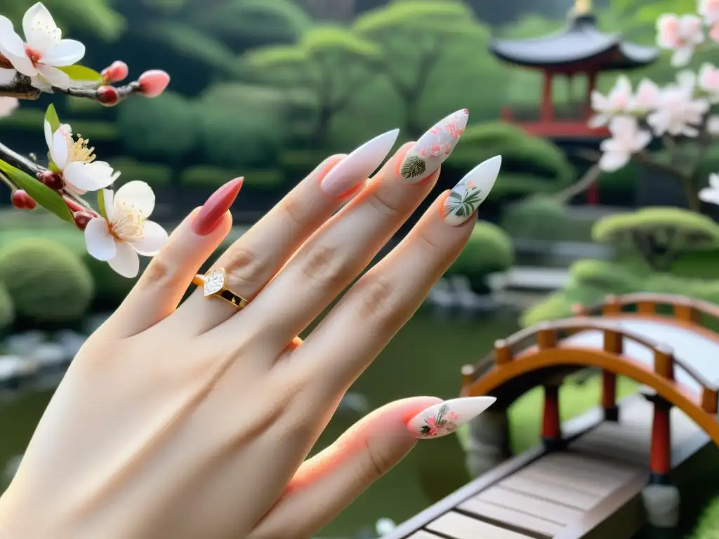 Mano con manicura japonesa de influencias asiáticas, con diseño de cerezos, grullas y patrones geométricos, en un sereno jardín japonés