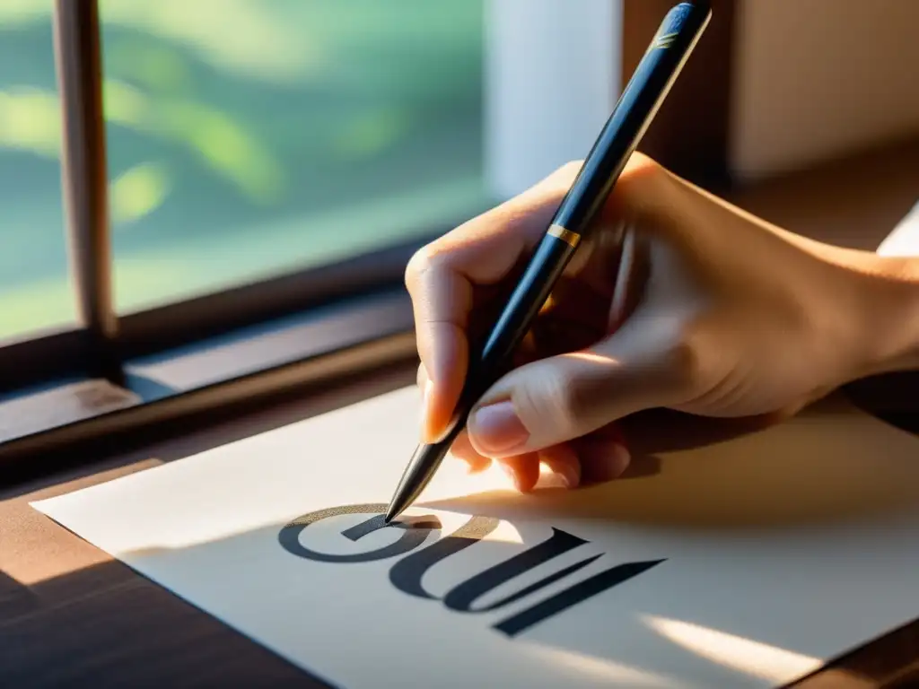 Mano hábil guía pincel en papel en práctica de caligrafía como meditación activa