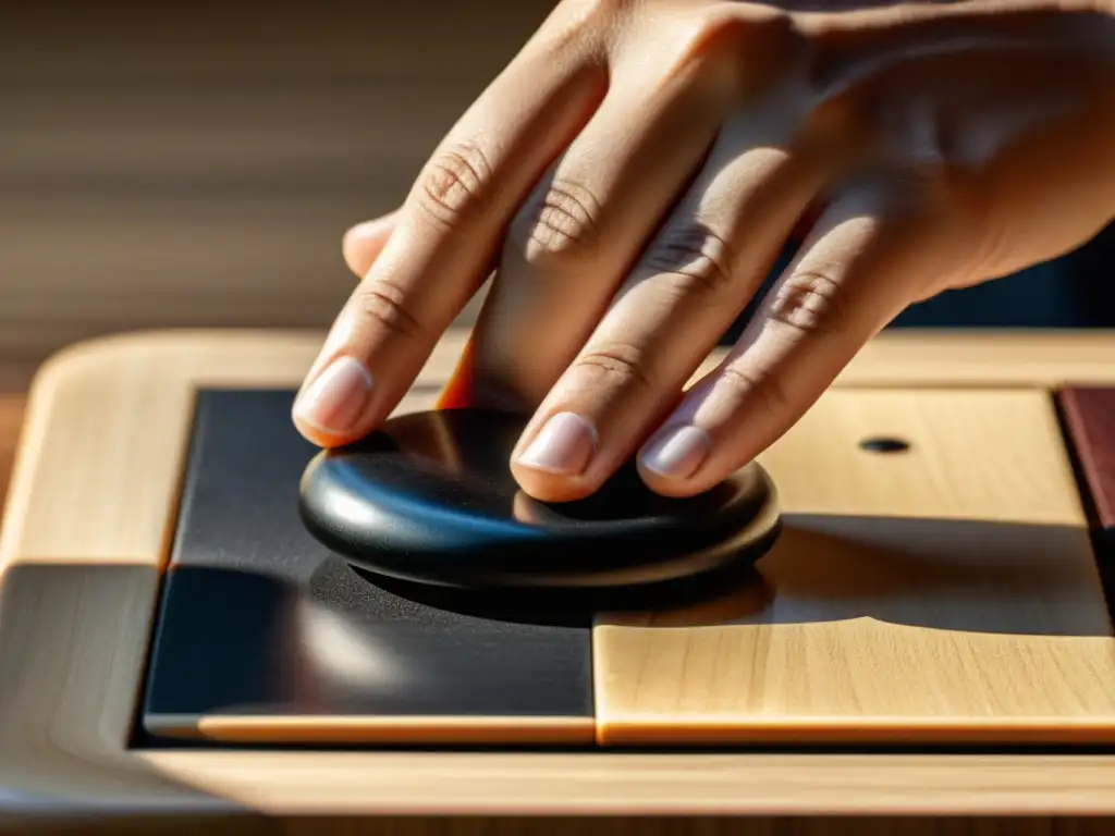 Mano colocando una piedra de Go en tablero de madera