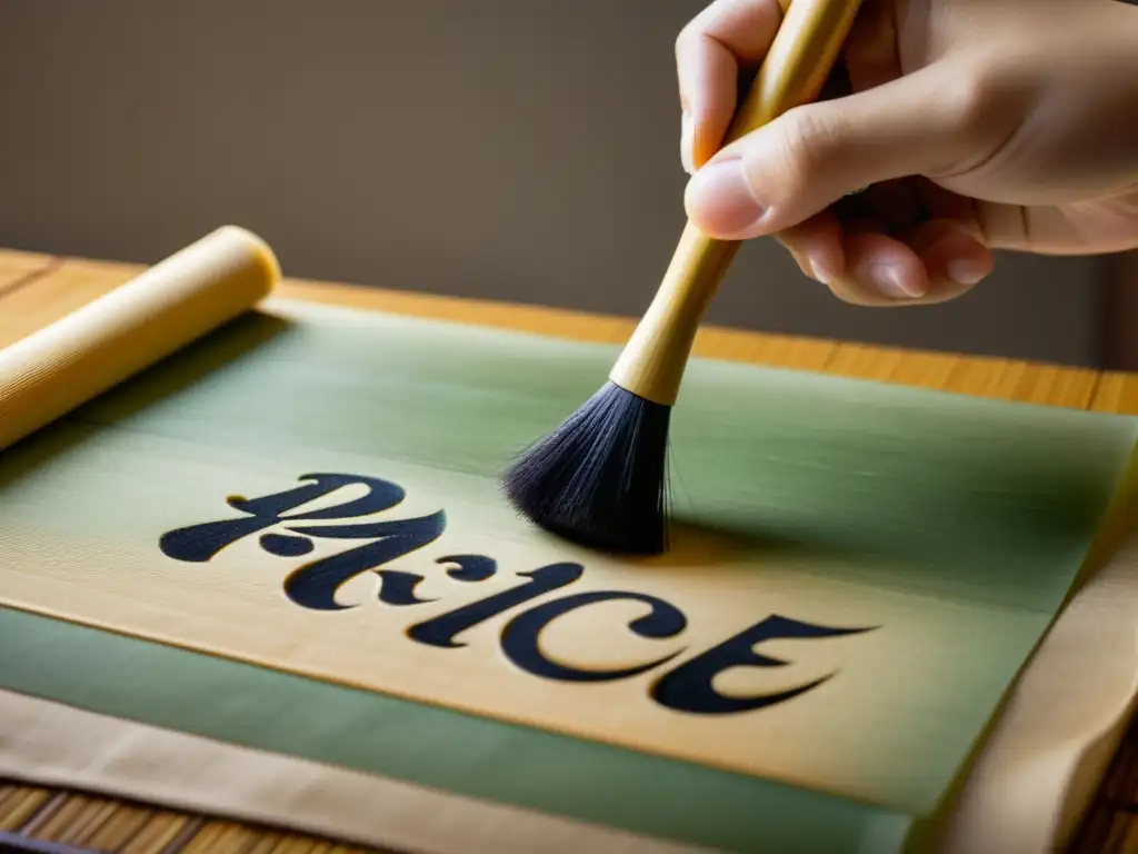 Mano sosteniendo pincel de bambú para caligrafía, trazando primeros trazos en papel de arroz