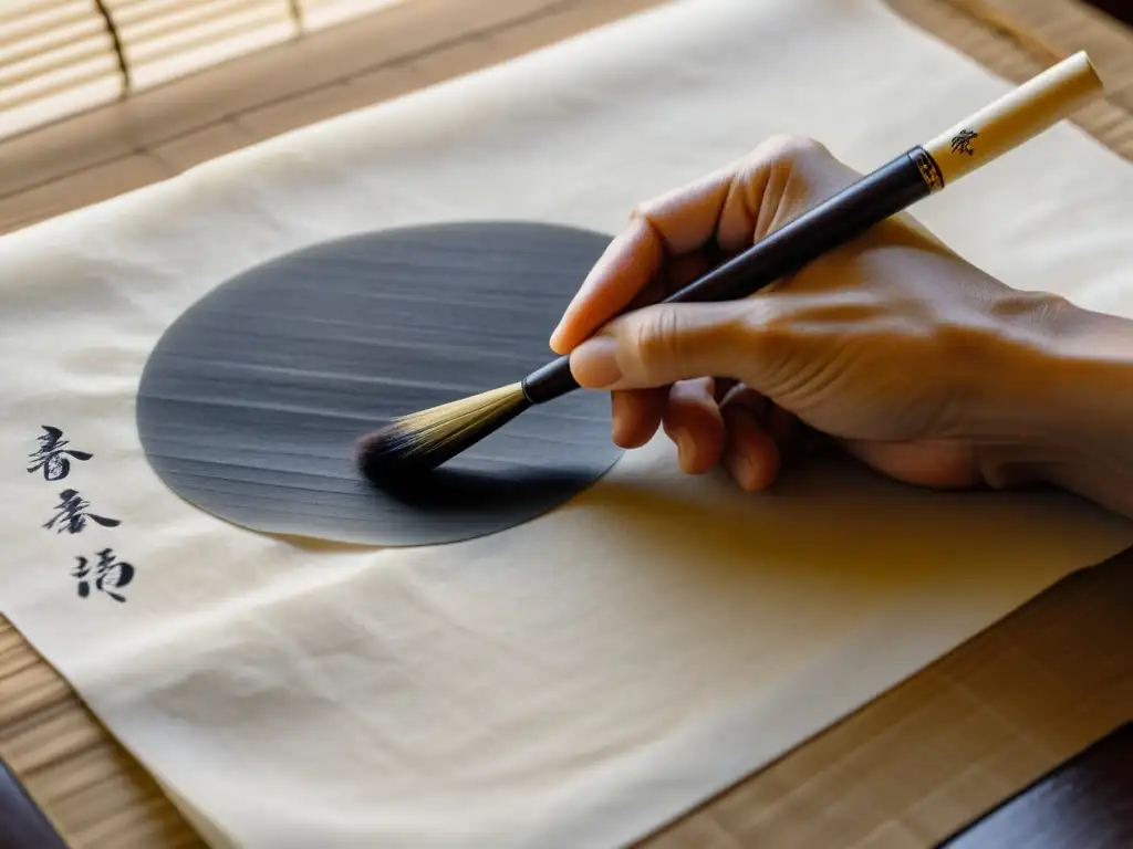 Mano de calígrafo zen sosteniendo pincel sobre papel de arroz, capturando la práctica de mindfulness a través de la caligrafía zen