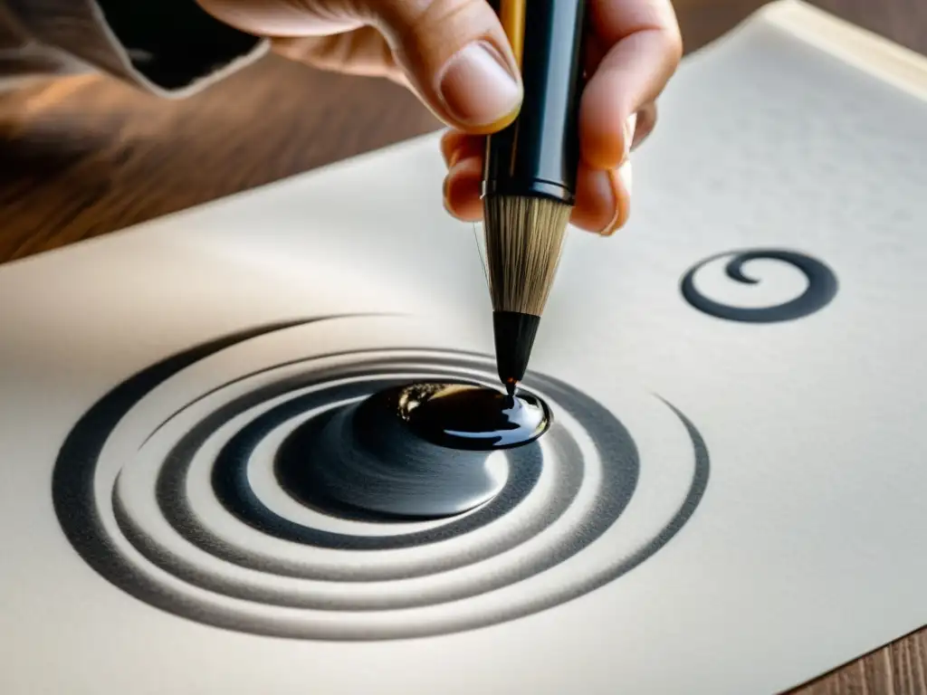 Mano de calígrafo guiando un pincel de tinta, creando caligrafía como meditación activa