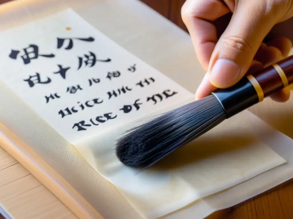 Mano preparada para crear un haiku con pincel japonés sobre papel de arroz