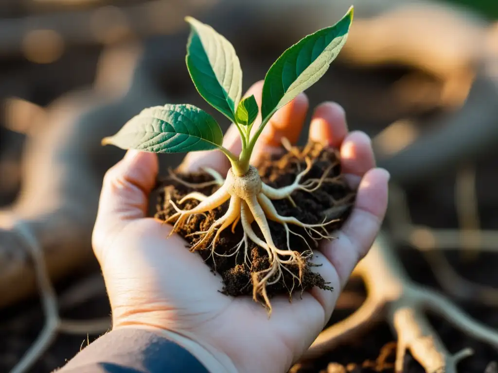 Una mano sostiene una raíz de ginseng recién cosechada, resaltando su belleza natural