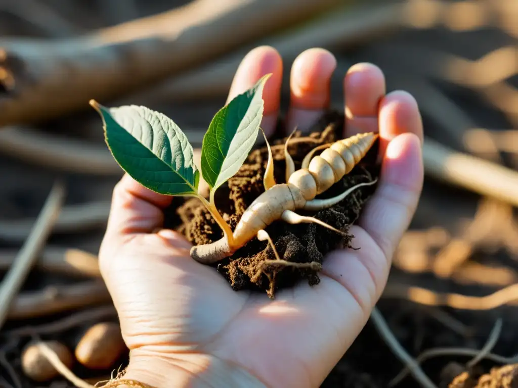 Una mano sostiene una raíz de ginseng recién cosechada, con tierra y luz natural