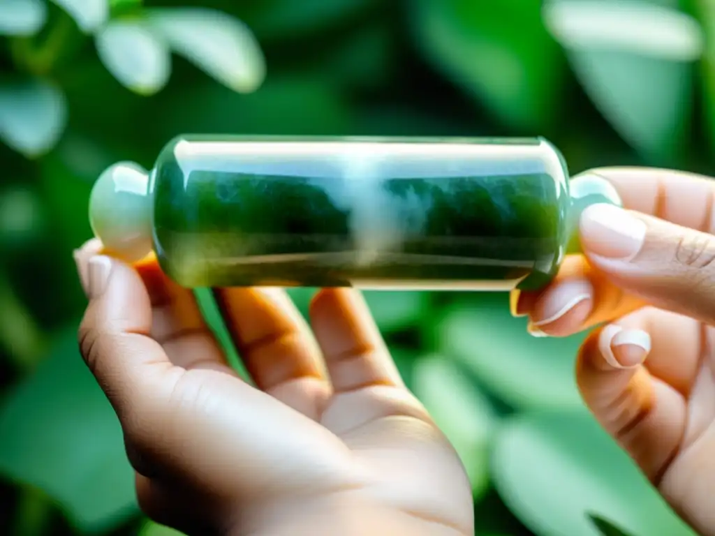 Mano usando un rodillo de jade, resaltando los beneficios del uso del jade en un ritual de belleza sereno y atemporal