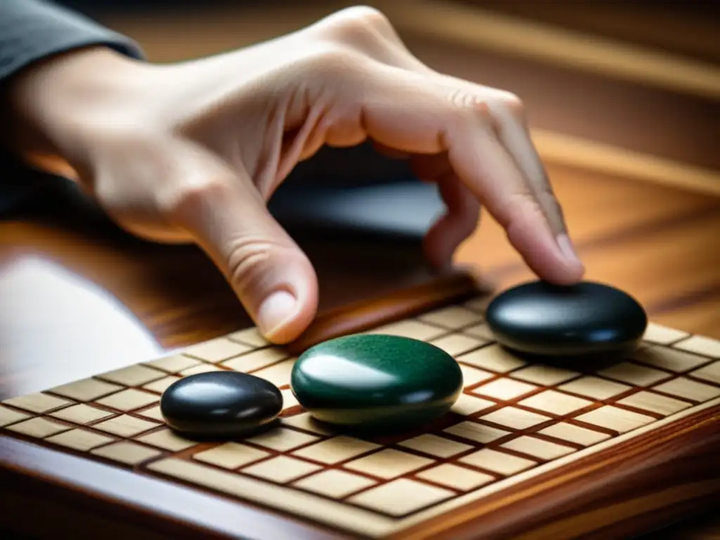 Mano sobre piedra de Go en tablero de madera, técnica de inversión en cripto se refleja en la concentración del jugador