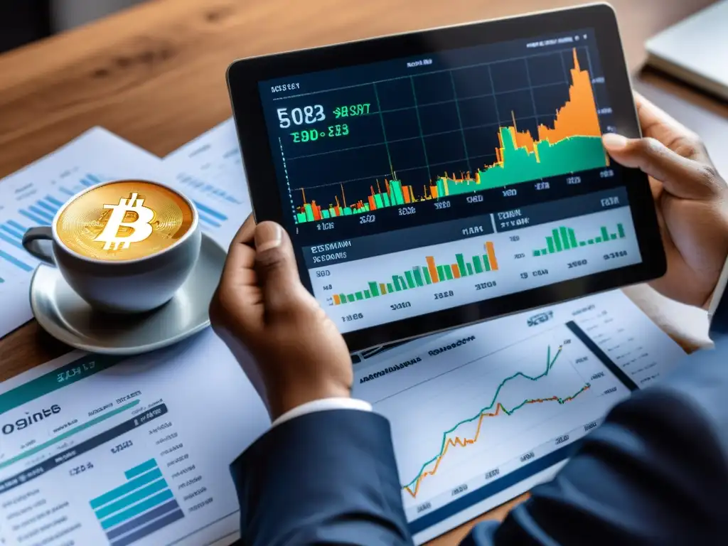 Una mano sostiene una tableta con gráfico de criptomonedas, rodeada de café, informes financieros y notas