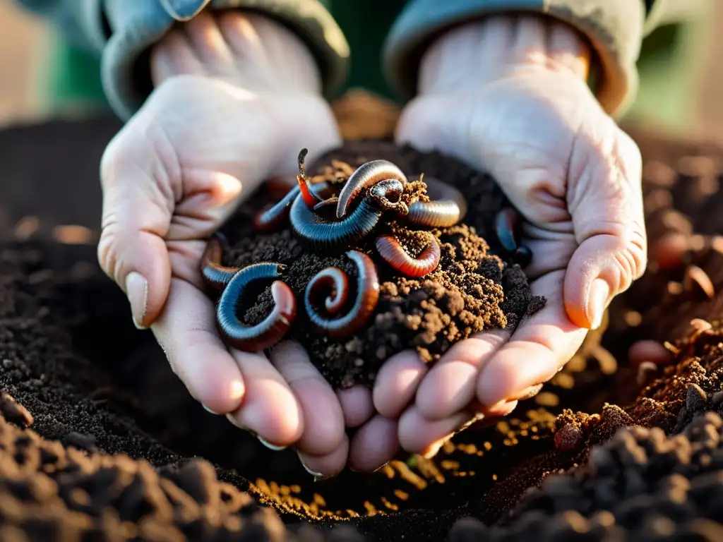 Manos del agricultor anciano mostrando técnicas agrícolas ancestrales y adaptación al cambio climático, con tierra fértil y vida vibrante