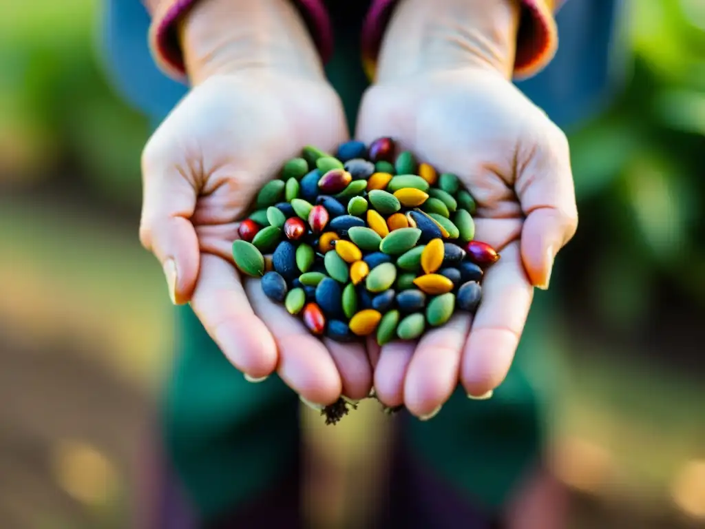 Las manos del agricultor sostienen con cuidado semillas nativas asiáticas, resaltando la importancia de la biodiversidad