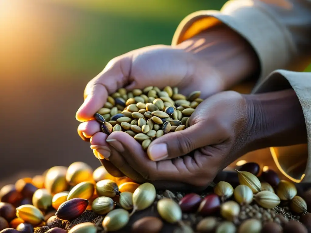 Las manos del agricultor sostienen semillas nativas asiáticas, en un paisaje radiante