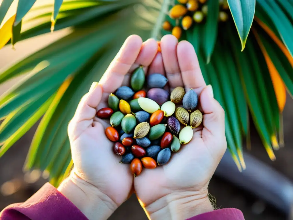 Manos del agricultor cuidadosamente sosteniendo semillas nativas coloridas, resaltando la importancia de la biodiversidad en Asia