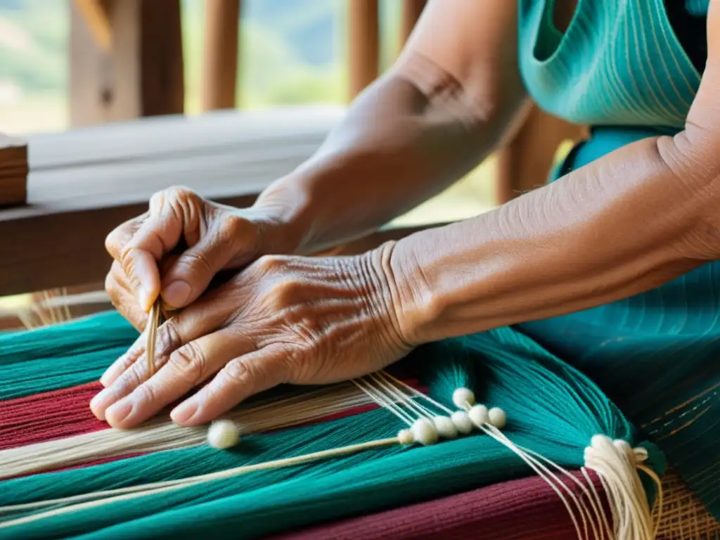 Manos del artesano tejiendo con hilos vibrantes en tradicional textil, resaltando la destreza y dedicación