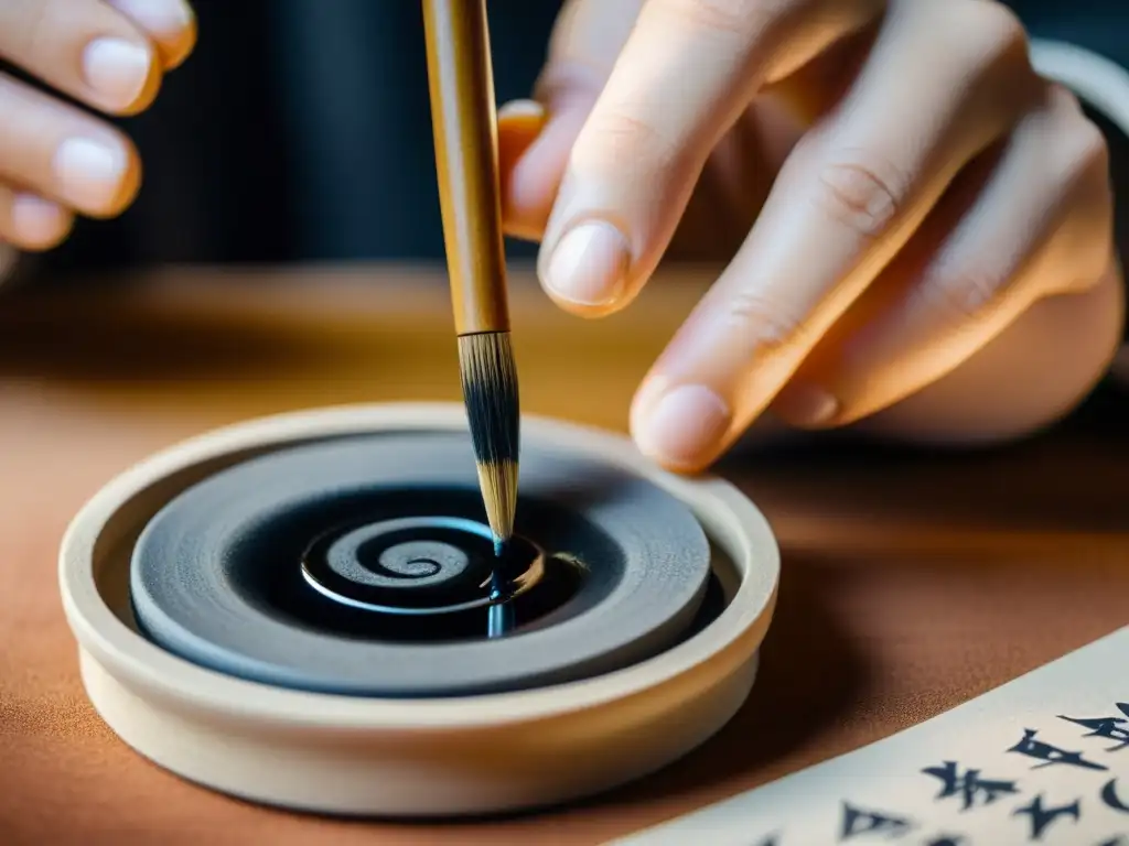 Las manos del artista de caligrafía sostienen con delicadeza el pincel tradicional, sumergiéndolo en el tintero
