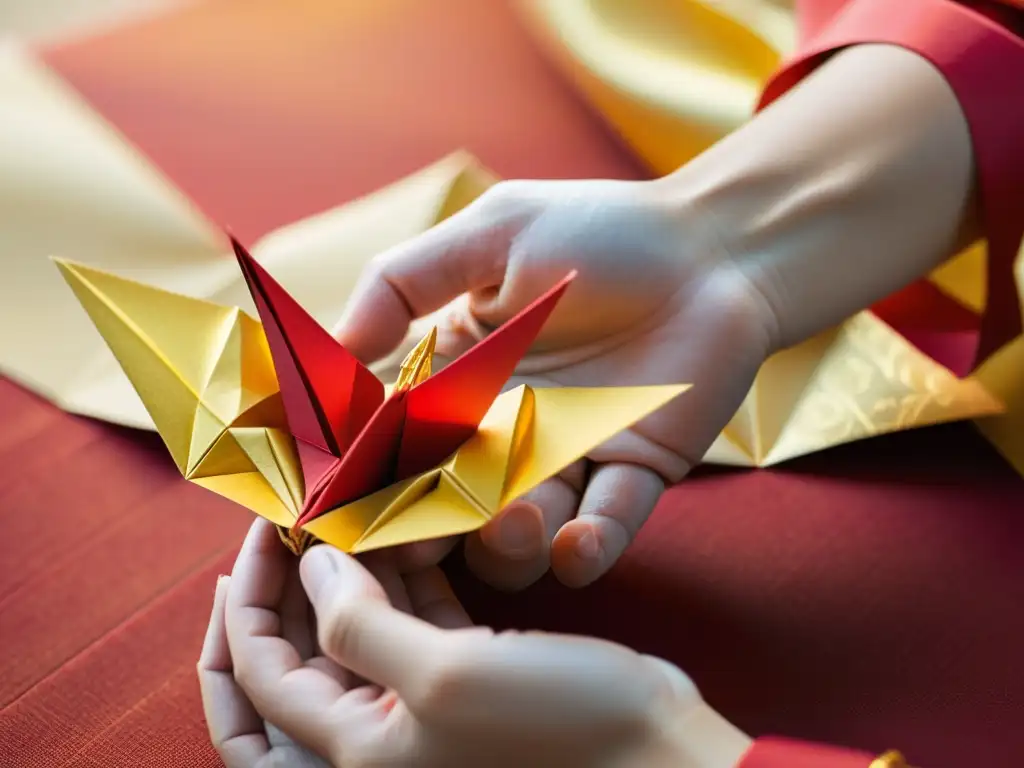 Las manos de un artista de origami tradicional japonés doblan con precisión una grulla de papel rojo y dorado, iluminadas suavemente