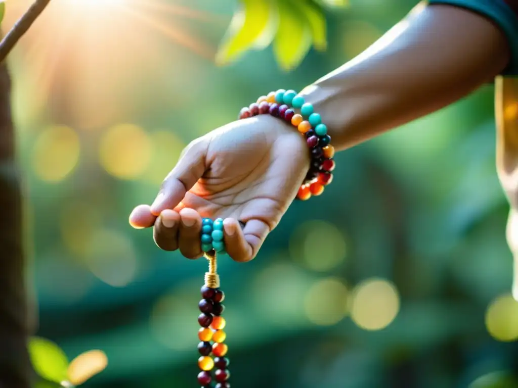 Manos sosteniendo cuentas de mala con colores vibrantes, evocando poder espiritual y meditación en un entorno sereno