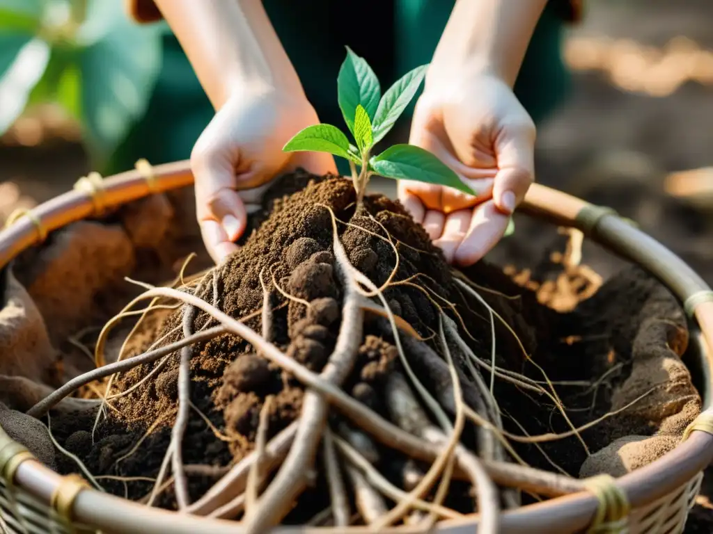 Manos cuidadosas recolectando una raíz de ginseng, resaltando la riqueza natural