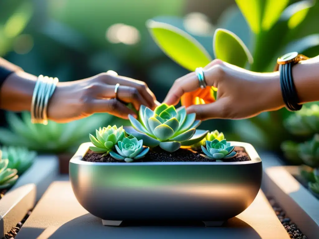 Unos manos cuidadosas plantan suculentas en una maceta moderna en un jardín zen