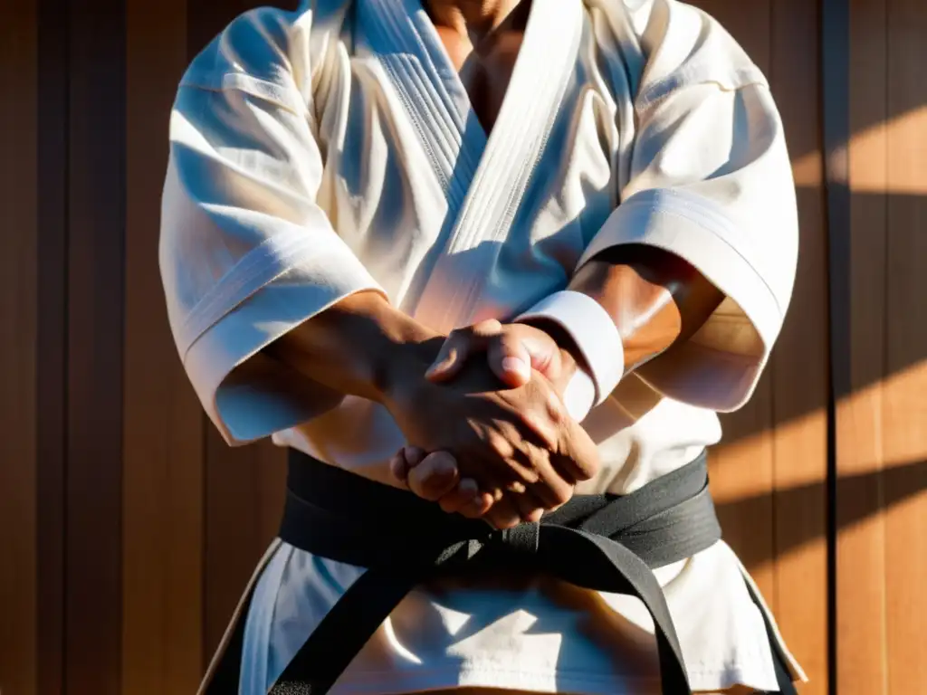 Manos curtidas en gi de karate, empuñando un bokken